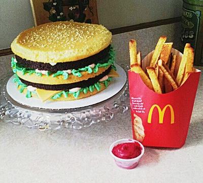 two all beef patties special sauce lettuce cheese pickles onions and a large fries please - Cake by SugarFix
