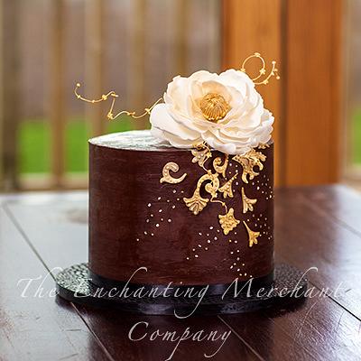 Elegant ganache with white/gold sugar peony & sugar cake jewels - Cake by Enchanting Merchant Company