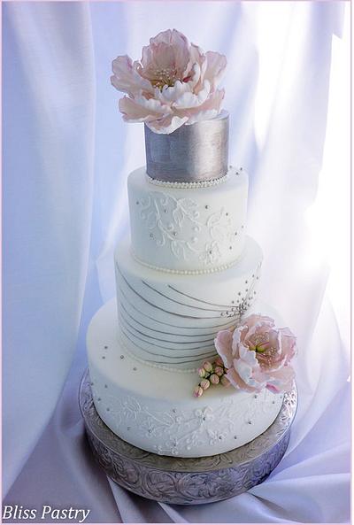 White and Silver Wedding Cake - Cake by Bliss Pastry