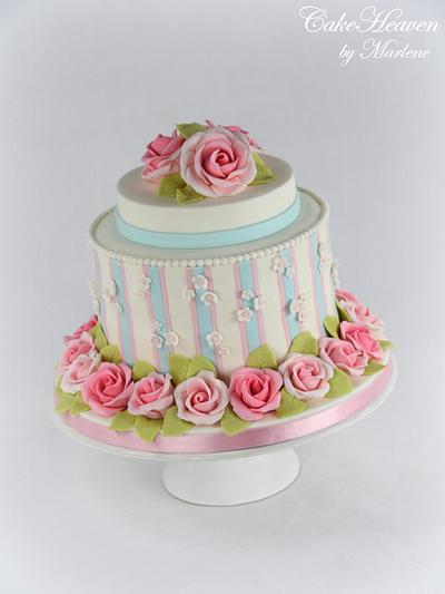Striped Cake with Gumpaste Roses - Cake by CakeHeaven by Marlene
