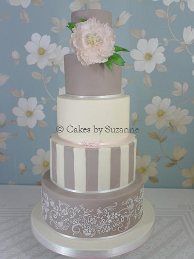 Taupe and ivory wedding cake with pale pink peony - Cake by suzanne