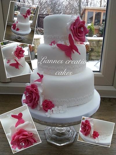 Hot pink and white butterfly and lace wedding cake x - Cake by Lianne