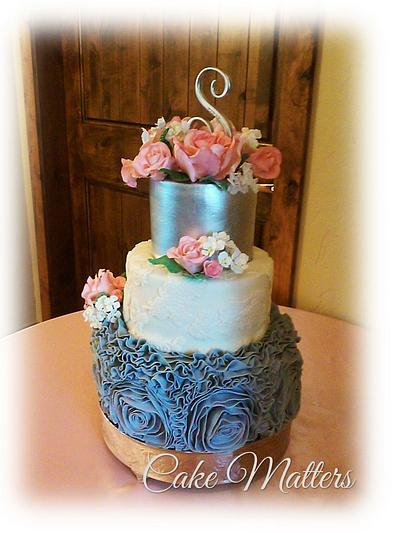 Pink and grey ruffle wedding - Cake by CakeMatters