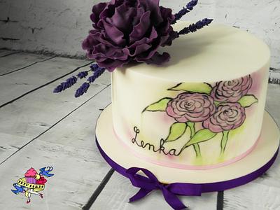 Violet cake with peony lavenders and painted flowers - Cake by Petra Krátká (Petu Cakes)