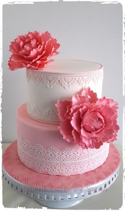 Lace and Pink Peony Wedding Cake  - Cake by Angelic Cakes By Sarah