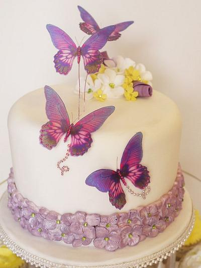 Butterfly and Hydrangea wedding cake with cupcakes - Cake by Scrummy Mummy's Cakes