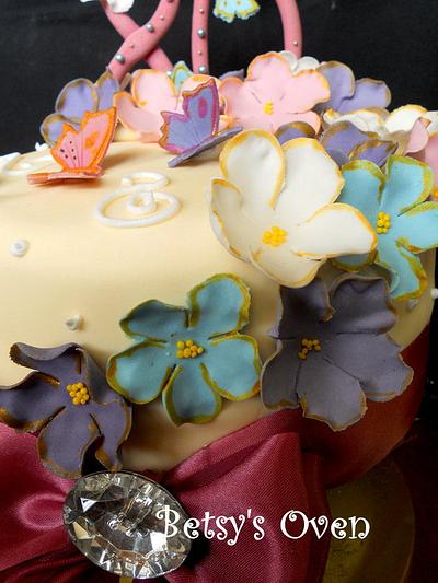 Floral Cake with Butterfly Cupcakes for an 80th Birthday - Cake by FabcakeMama