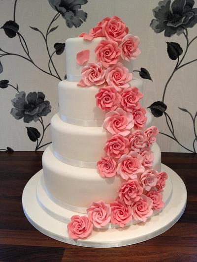 Cascading Coral Rose Wedding Cake - Cake by DeVoliCakes