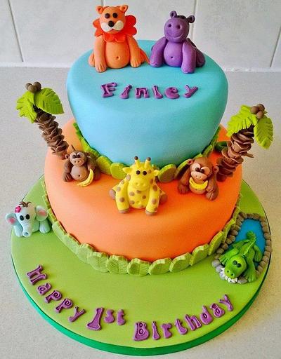 Jungle animal themed 2 tiered 1st birthday cake - Cake by T cAkEs