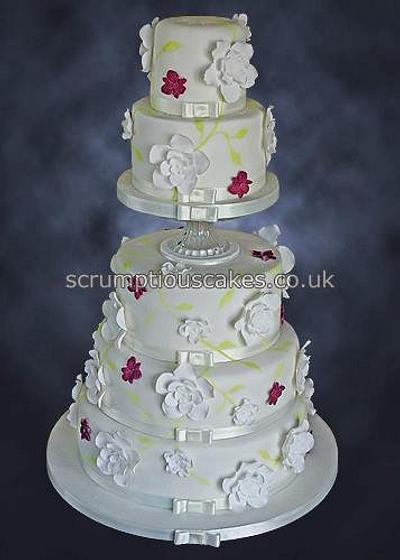 5 Tier White Fantasy Flowers & Purple Orchids - Cake by Scrumptious Cakes