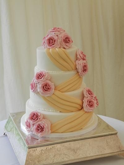 pink roses and gold sashes 4 tier wedding cake - Cake by barbscakes