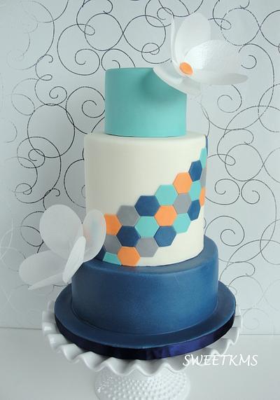 Hexagon Design with Wafer Paper Flowers - Cake by Kristen