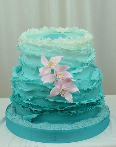 Teal Ruffles and Orchids - Cake by Sugarpixy