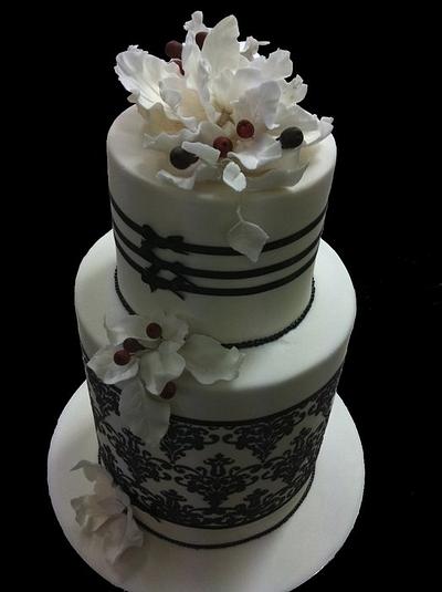 Black & white wedding cake with large white peony & red berries - Cake by Enchanting Merchant Company