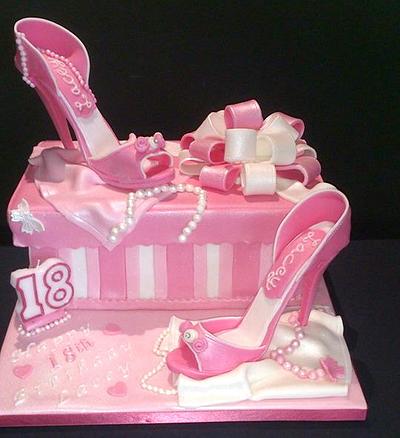 Girly shoebox and stiletto cake with all the trimmings! - Cake by Polliecakes