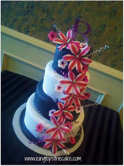 Black and White Wedding Cake with Star Gazer Lilies - Cake by Icingtopsthecake