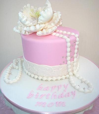 Pink Cake with pearls , lace and peony - Cake by Cakery Creation Liz Huber