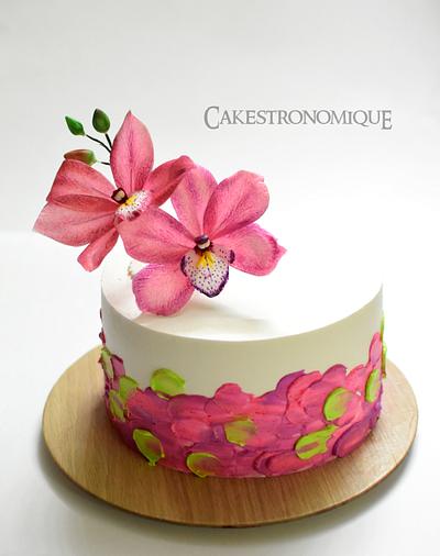 Edible wafer paper Cymbidium Orchid adorned whipped cream frosted cake - Cake by Thasni mariyam wahid