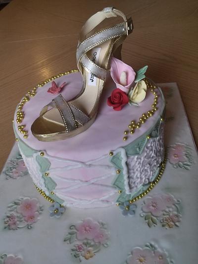 Corset cake with Jimmy Choo sandal for 50th birthday.  - Cake by Caking Smiles