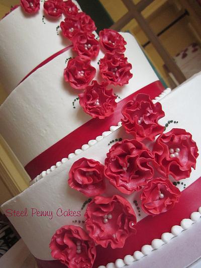Red ruffle flower wedding cake - Cake by Steel Penny Cakes, Elysia Smith