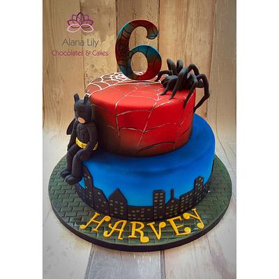 Spiderman & Batman - airbrushed and hand painted - Cake by Alana Lily Chocolates & Cakes