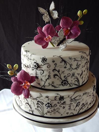 Hand painted magenta orchid and butterfly cake. - Cake by Elizabeth Miles Cake Design