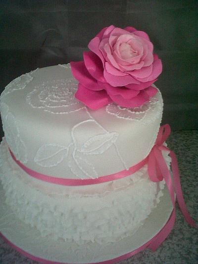 Pink Rose, Ruffles and Brush embroidery wedding cake - Cake by Willene Clair Venter