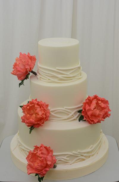 White Wedding Cake with Coral Sugar Peonies - Cake by Sugarpixy