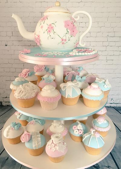 Vintage tea party teapot and cupcakes - Cake by Claire willmott