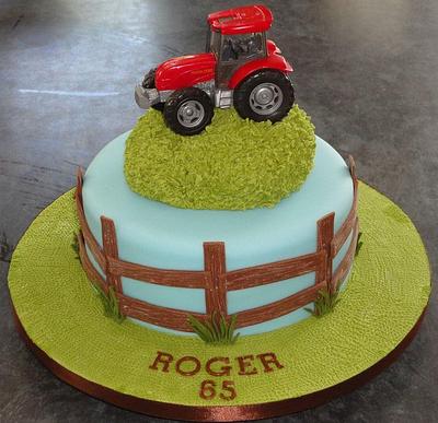 Red tractor birthday cake with wooden fence and grass hill - Cake by Krumblies Wedding Cakes