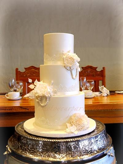 Lace, Pearls and Peony Wedding Cake - Cake by Leah Jeffery- Cake Me To Your Party