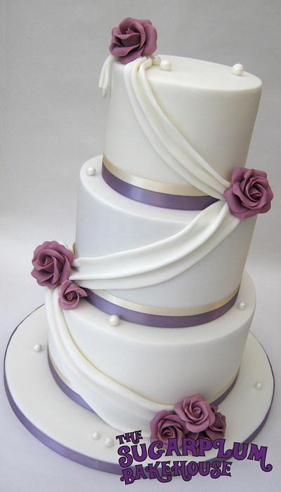 White & Lilac 3 Tier Wedding Cake - Drapes & Roses - Cake by Sam Harrison