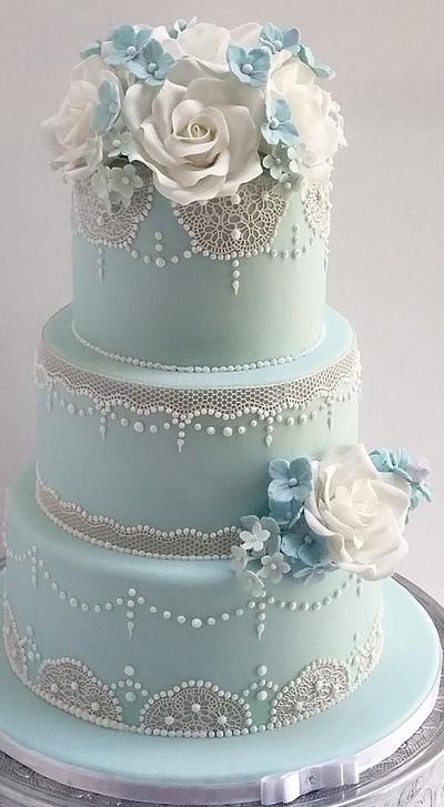 Pale blue Lace wedding cake - Cake by Scrummy Mummy's Cakes