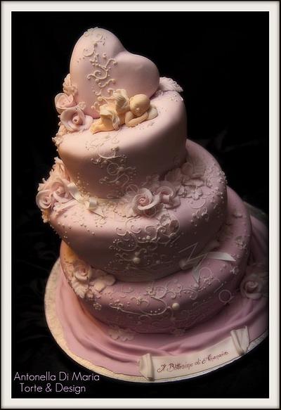 Heart, roses and swirls Christening  - Cake by Antonella Di Maria