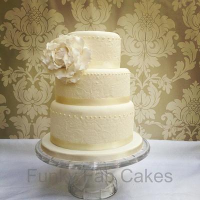 Ivory wedding cake with lace and sugar peony - Cake by funkyfabcakes