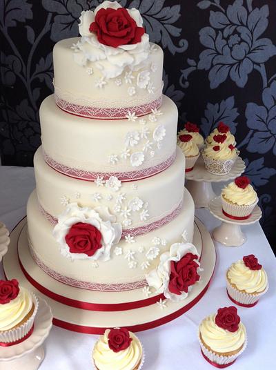 Ivory wedding cake with red roses  - Cake by Andrias cakes scarborough