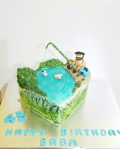 Fishing theme cake and edible discus crispy treat  - Cake by Shorna's Cake Corner