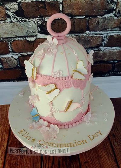 Ella - Birdcage and butterfly Communion Cake - Cake by Niamh Geraghty, Perfectionist Confectionist