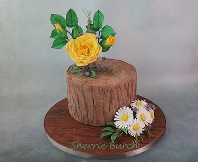 yellow rose and daisies stump cake MBalaska - Cake by MBalaska