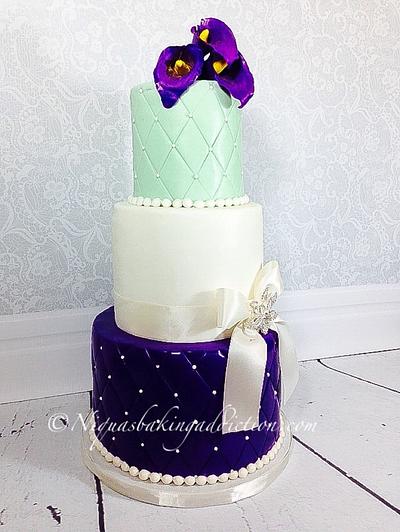 Mint color and purple wedding cake with gumpaste calla lillies - Cake by Cake'D By Niqua
