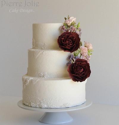 Wine  Sugar Peonies White Wedding Cake - Cake by Pierre Jolie Cake Design