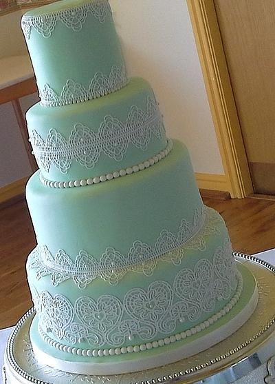 4 tiered pale mint with lace wedding cake - Cake by Wendy 