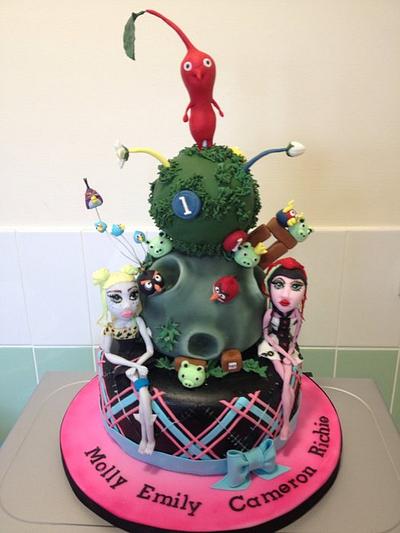 Monster high, angry birds and pikmin cake - Cake by Melanie Jane Wright