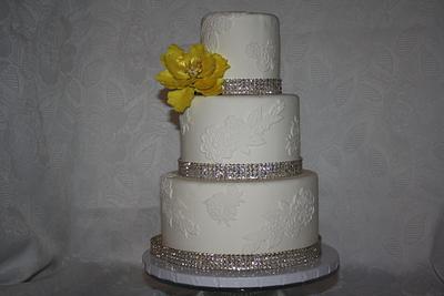 White Rhinestone Wedding cake with yellow Peony - Cake by Rosie93095