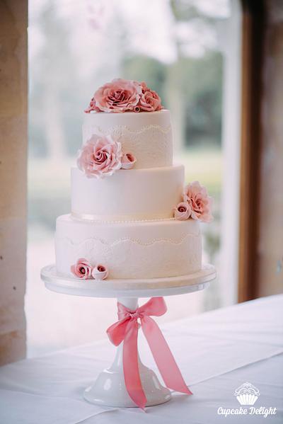 Vintage dusky pink roses & embossed lace - Cake by Cupcake Delight