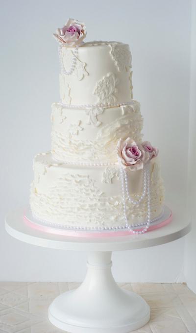 Vintage lace wedding cake with Blush Sugar roses  - Cake by Piece O'Cake 