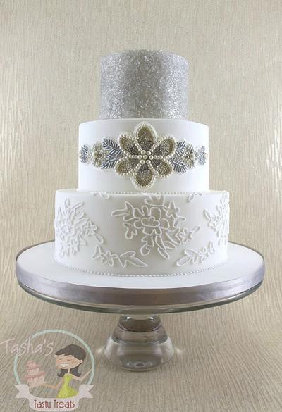 Edible Beaded Sash and Piped Corded Lace Wedding Cake - Cake by Natasha Shomali