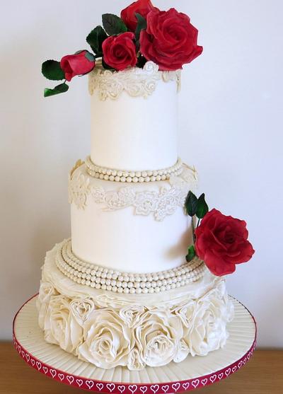 Roses, pearls and ruffles wedding cake - Cake by Icing to Slicing