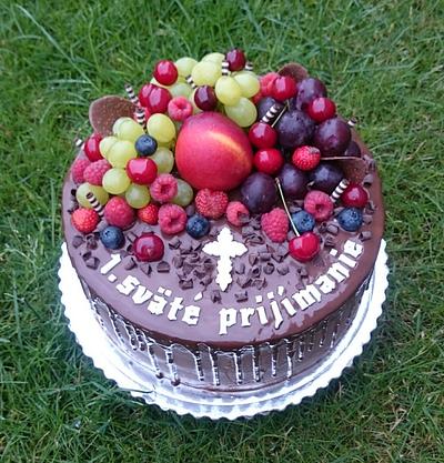 First holy communion chocolate cake with fresh fruits - Cake by AndyCake