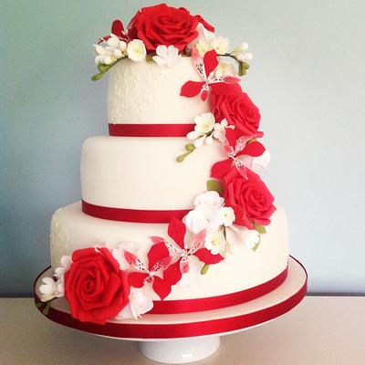 Red Rose, Freesia and Alstromeria Cascade Wedding Cake - Cake by Samantha Tempest